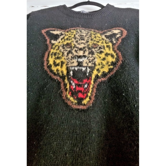 Straight To Hell knit wool blend black sweater Cheetah Face woman Sz M - Picture 4 of 7